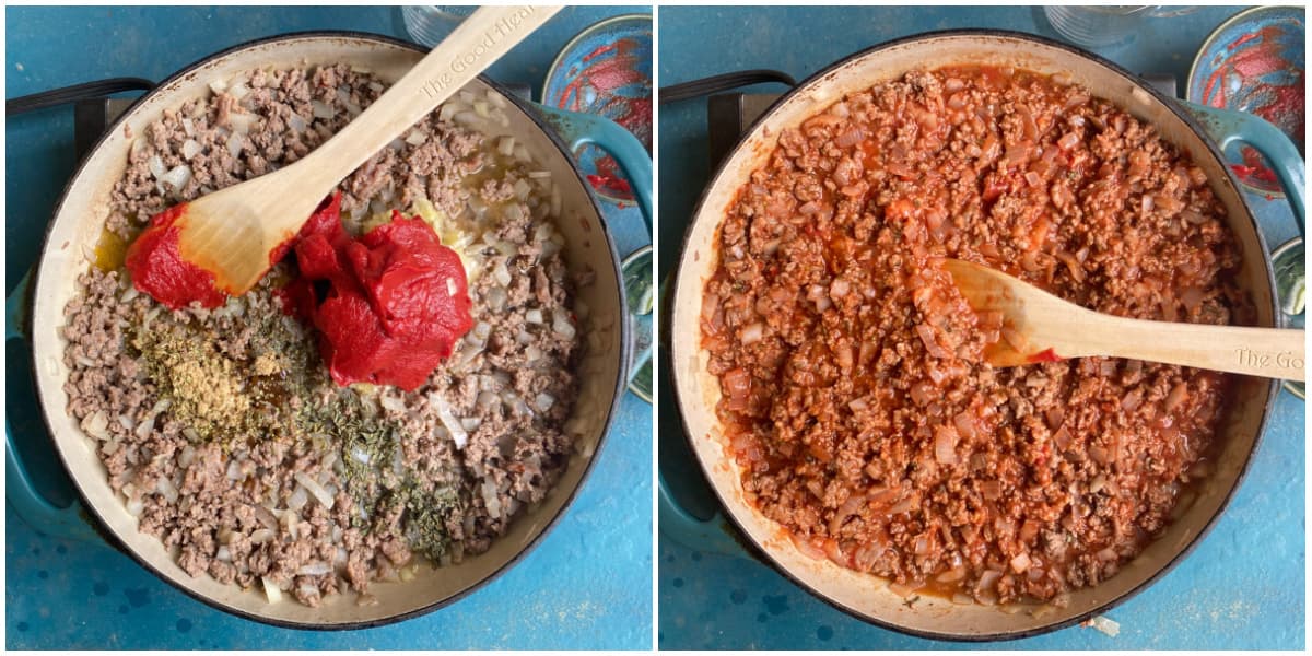 2-panel collage: Browned ground meat with tomato paste and other ingredients on top; same, fully mixed.