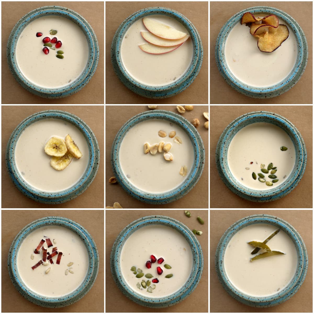 9-panel collage of different toppings on peanut soup.
