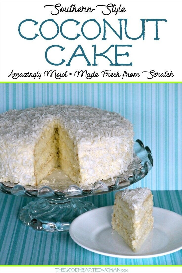 This sweet Southern scratch-made Coconut Cake with Coconut Buttercream Frosting is moist, tender, melt-in-your-mouth perfection. #cake #scratchcake #birthdaycakes #birthdayparty #baking