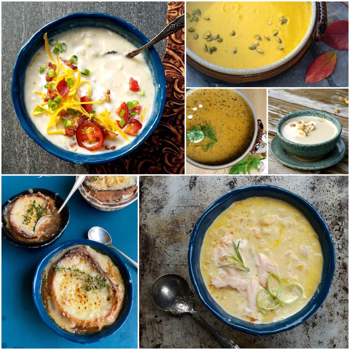 Collage of soups: Potato, Butternut, mushroom, peanut, French onion, and smoked salmon. 