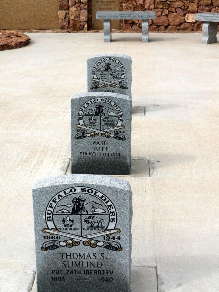 Three Buffalo soldier headstones in line: Thomas S Sumlino, Wash Tutt, Gabriel ... 