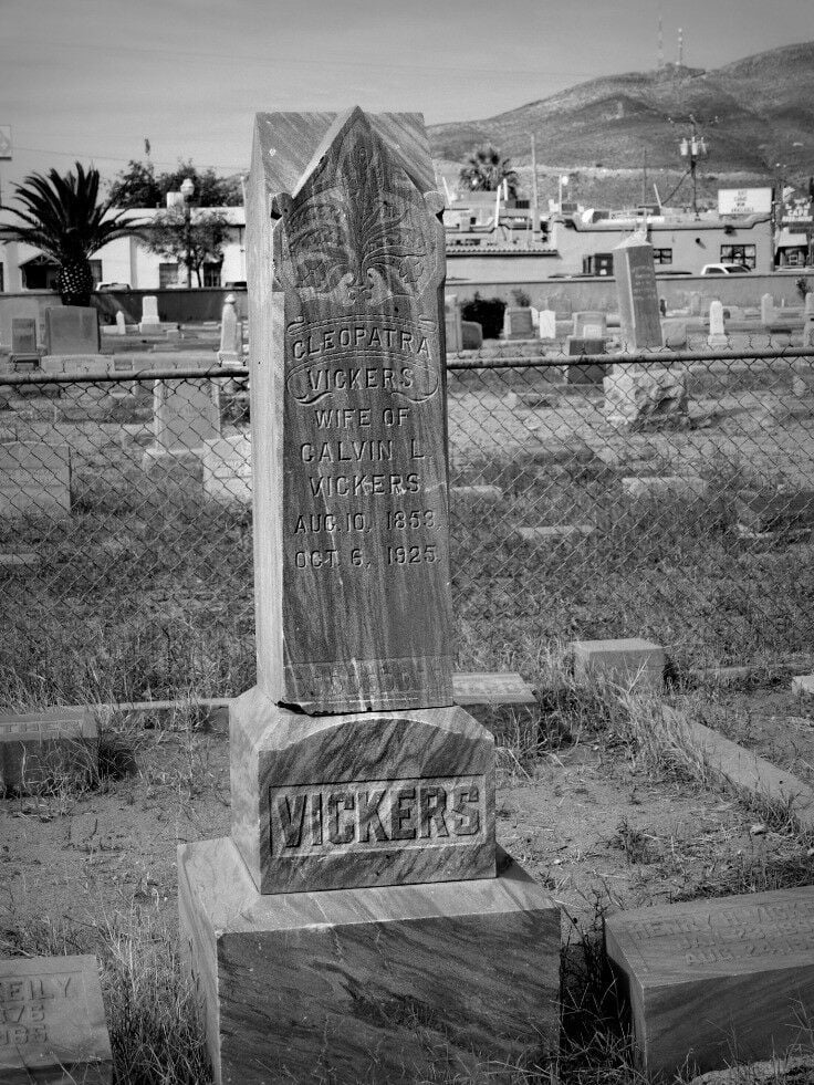 Large, tall cement tombstone, inscribed Cleopatra Vickers. 