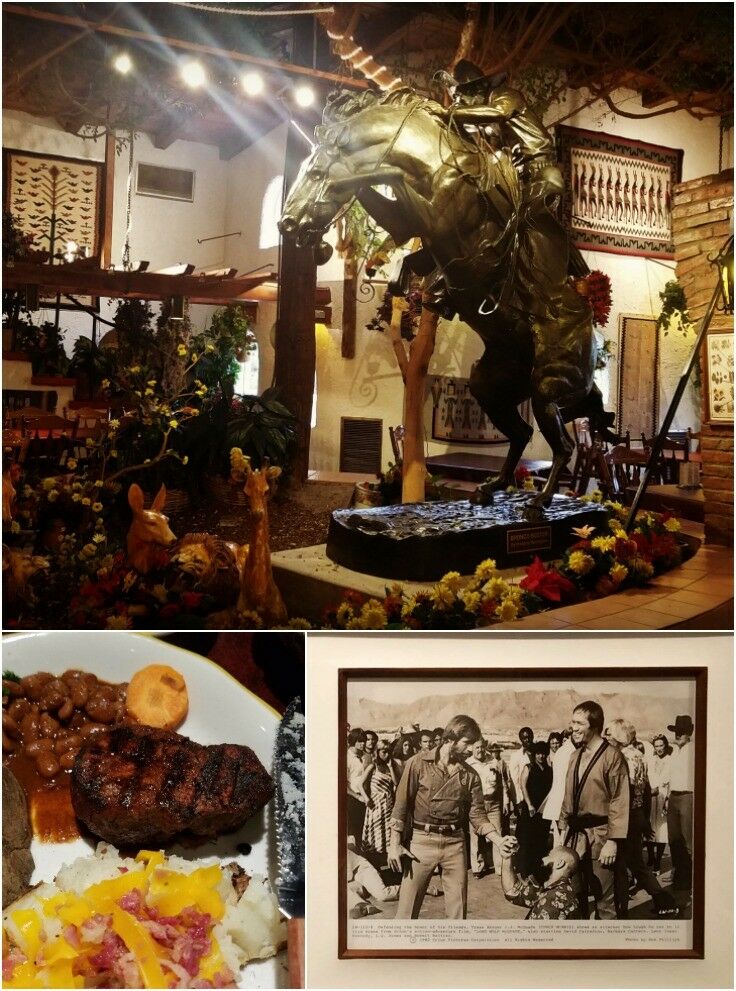 3-panel collage of interior of Cattleman's Steakhouse: statue of house and rider, steak dinner, and Chuck Norris on set. 