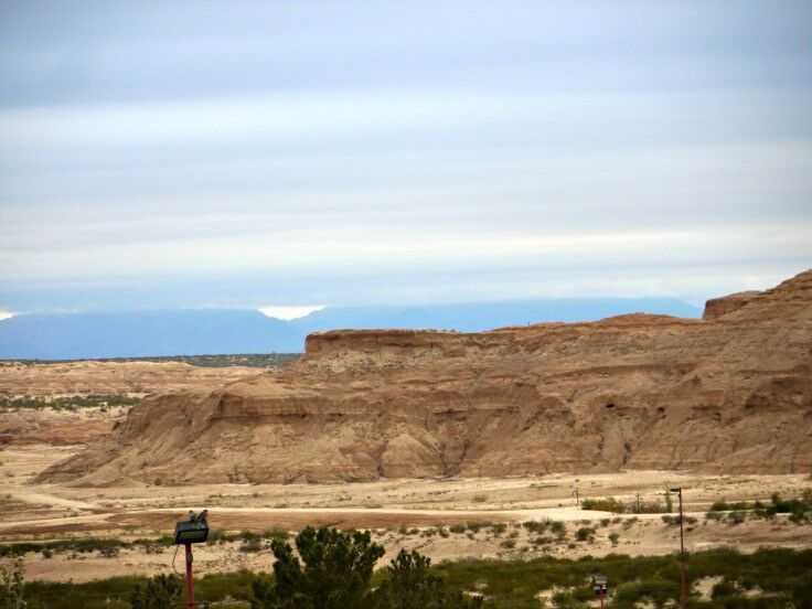 Long shot of sandstone landscape outside Cattleman's Steakhouse at Indian Cliffs Ranch, El Paso, Texas