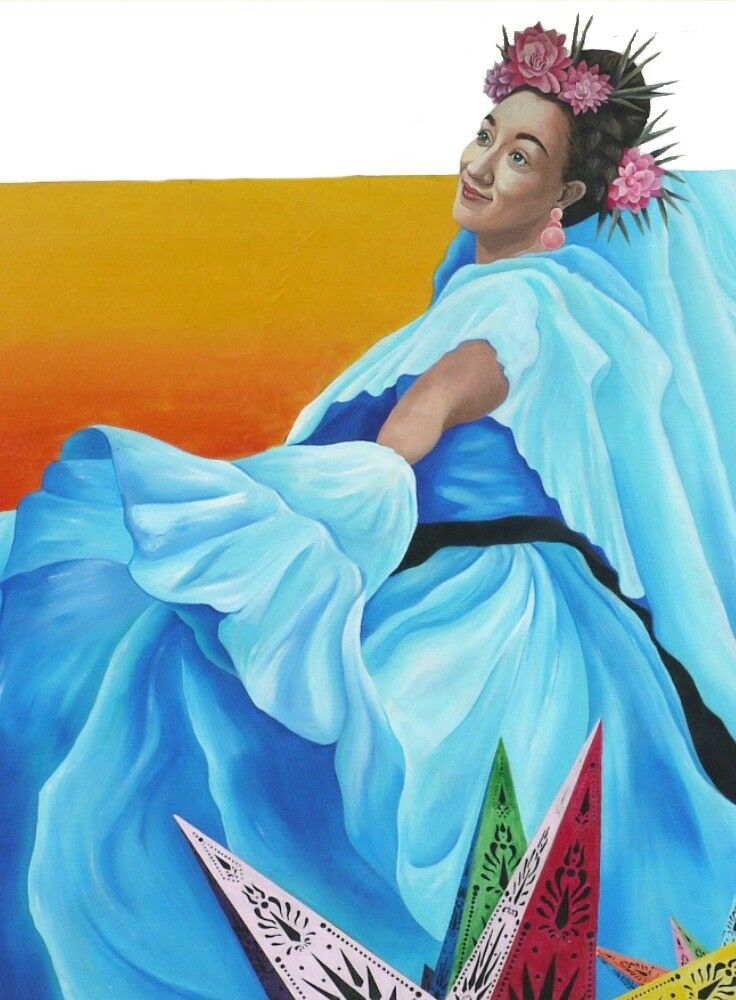 Mural of dancing Hispanic woman in traditional clothing. 