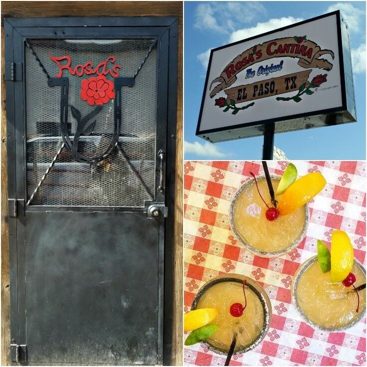 3-panel collage of front door, sign, and margaritas at Rosa's Cantina