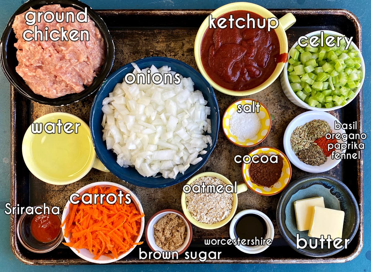 Sloppy Joe sauce ingredients, labeled: ground chicken, ketchup, onions, carrots, brown sugar, oatmeal, butter, celery, cocoa, spices, seasonings.
