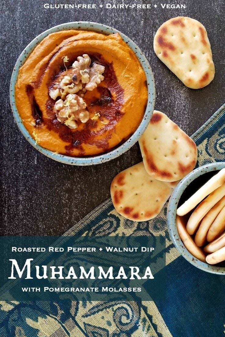Muhammara - or Roasted Red Pepper and Walnut Dip with Pomegranate Molasses - is a delicious Middle Eastern appetizer dip made with roasted red peppers and walnuts, and perfect for any gathering! Gluten-free, dairy-free, vegan, and... AMAZING! | The Good Hearted Woman