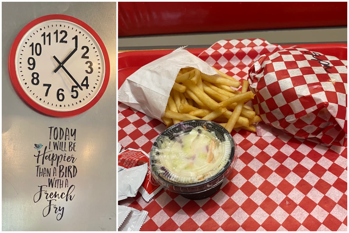 2-panel collage of Dash Inn: Clock, and burger, fries, and coleslaw on a platter. 