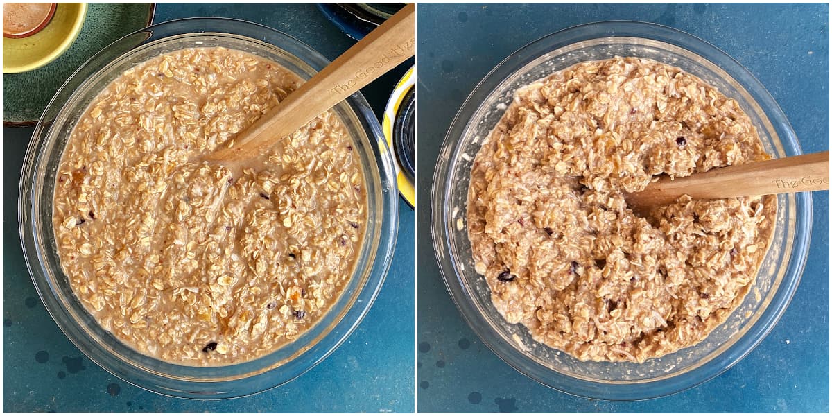 COllage showing difference between soaked and unsoaked oat mixture.