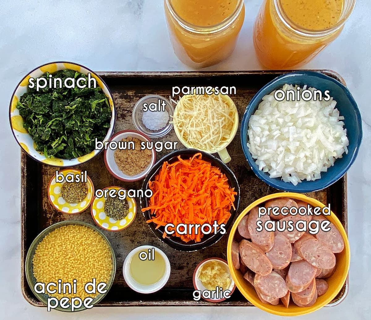 Photo of individual ingredients that go into this fast and easy Wedding Soup recipe, measured and prepped. 