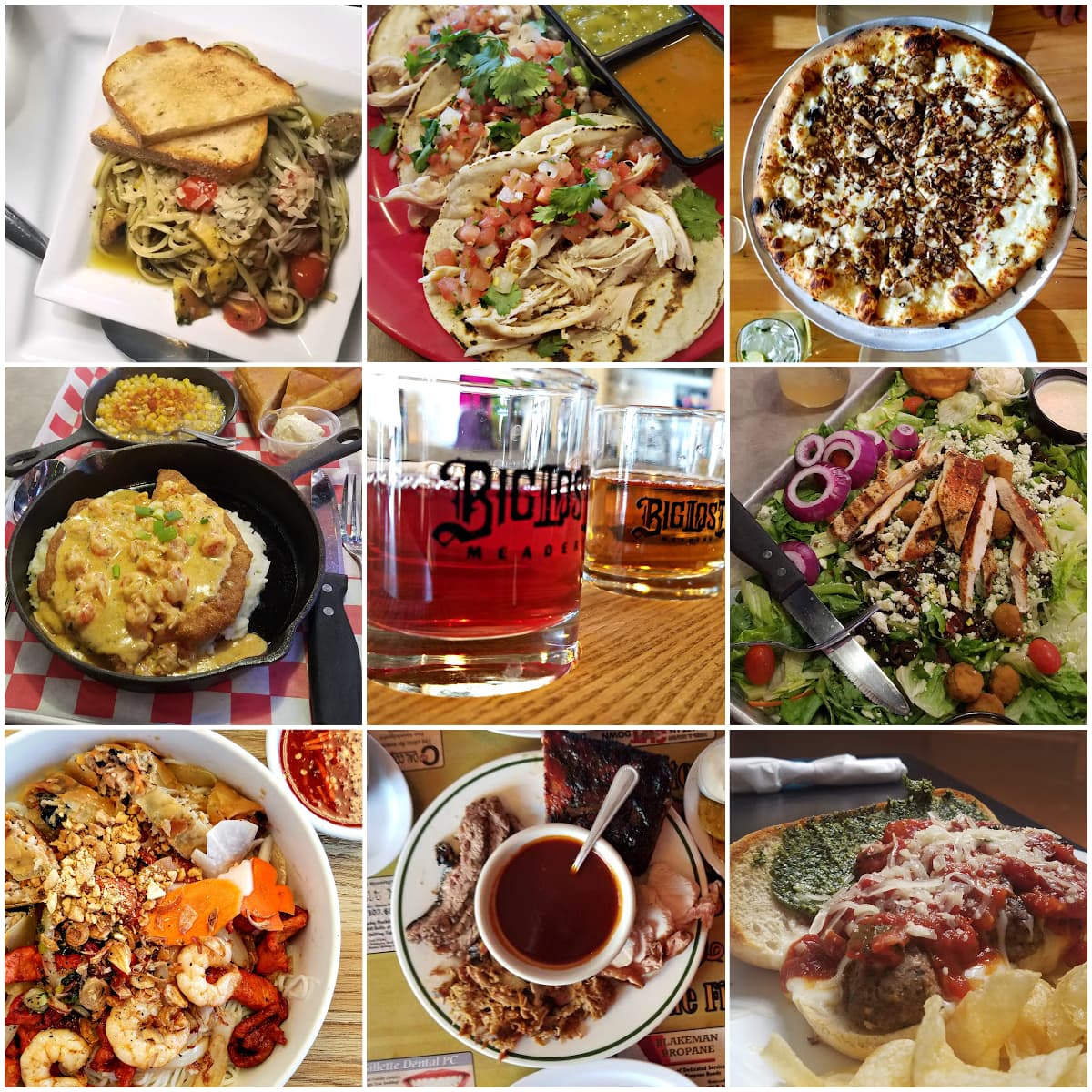9-panel collage of Wyoming road & restaurant food.