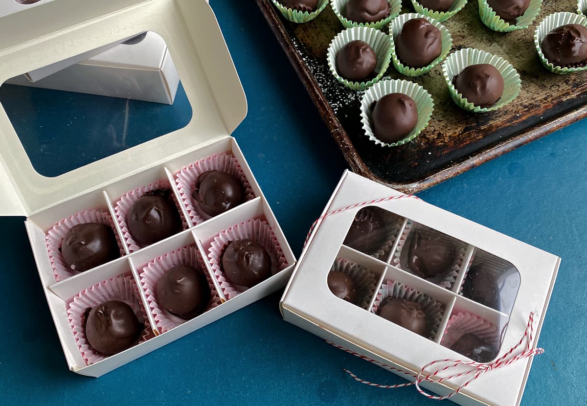 Boxed dipped chocolates.