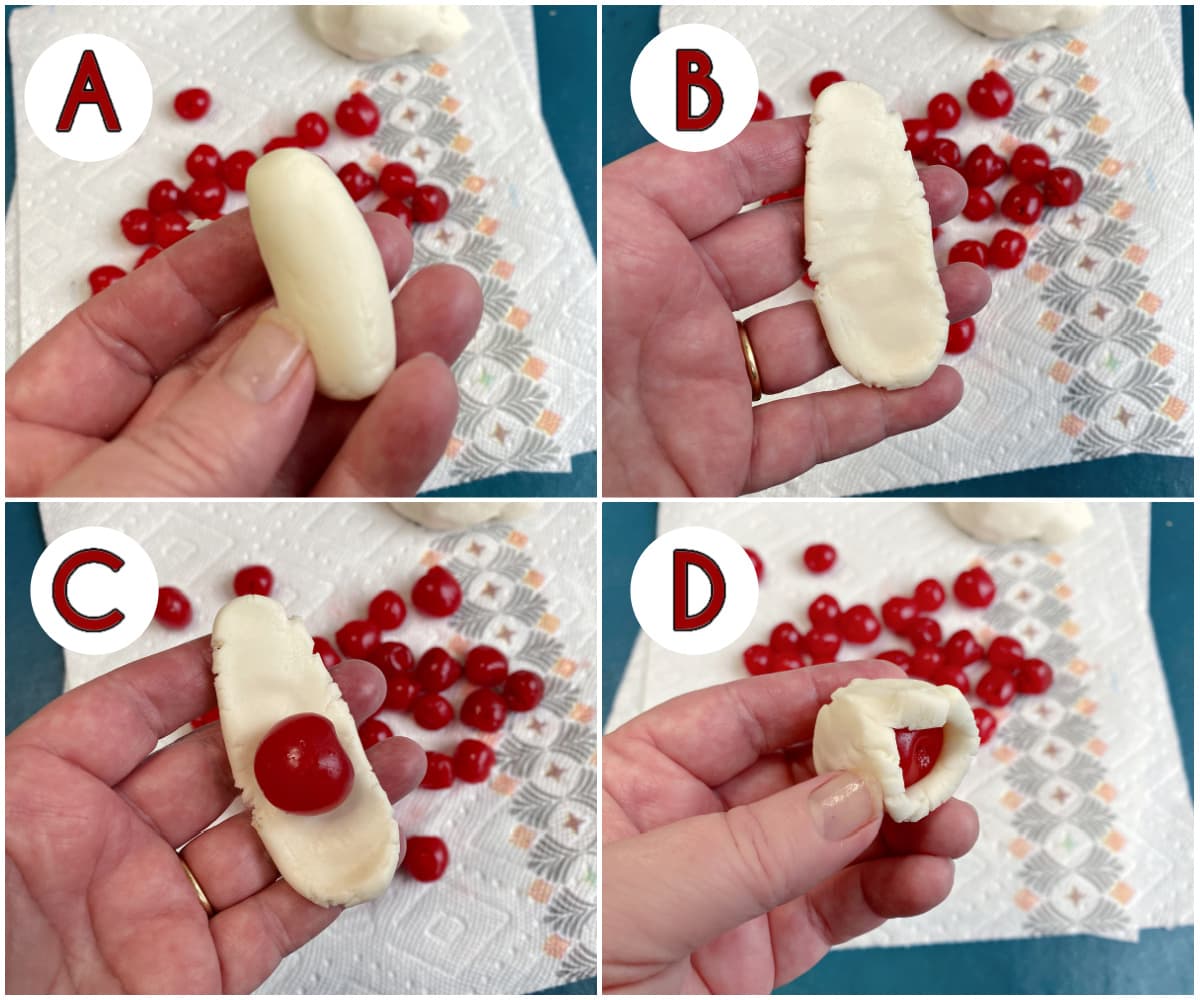 4-panel collage illustrating how to wrap fondant around a cherry.