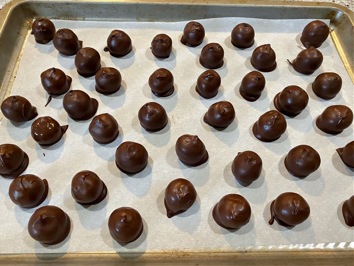 Chocolate covered cherries setting on parchment.