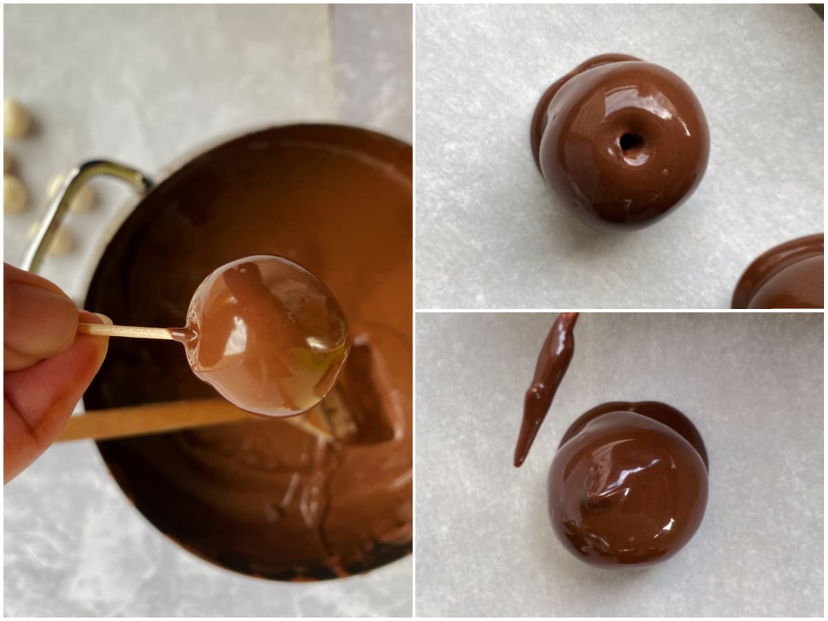 3-panel collage illustrating how to dip cherry using toothpick.