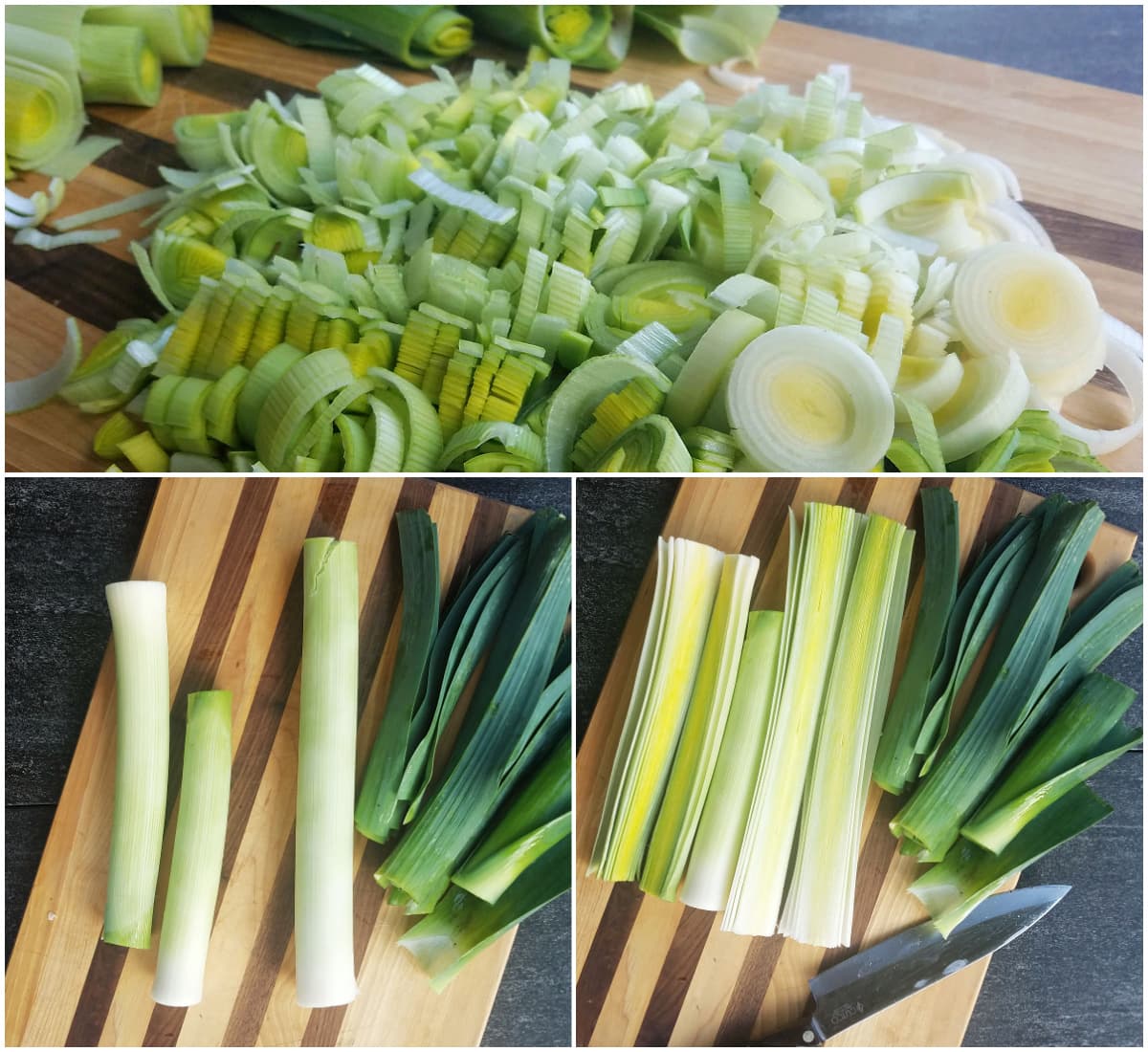 Collage illustrating how to cut and slice leeks. 