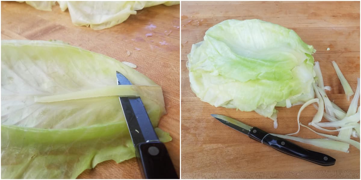 Knife carving off the thick part of a cabbage leaf.
