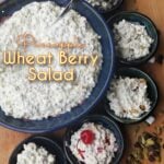 small bowls of fluffy salad, the one topped with a maraschino cherry. Pin text overlay reads: Pineapple Wheat Berry Salad, with optional toppings.