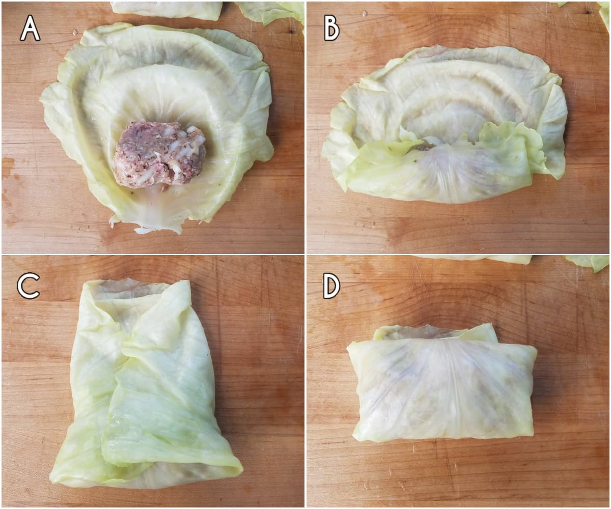 4-panel collage illustrating steps A-D of how to roll a cabbage roll.