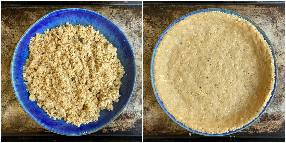 2-panel collage: cookie crumb mixture in pie dish, and then pressed to form crust. 