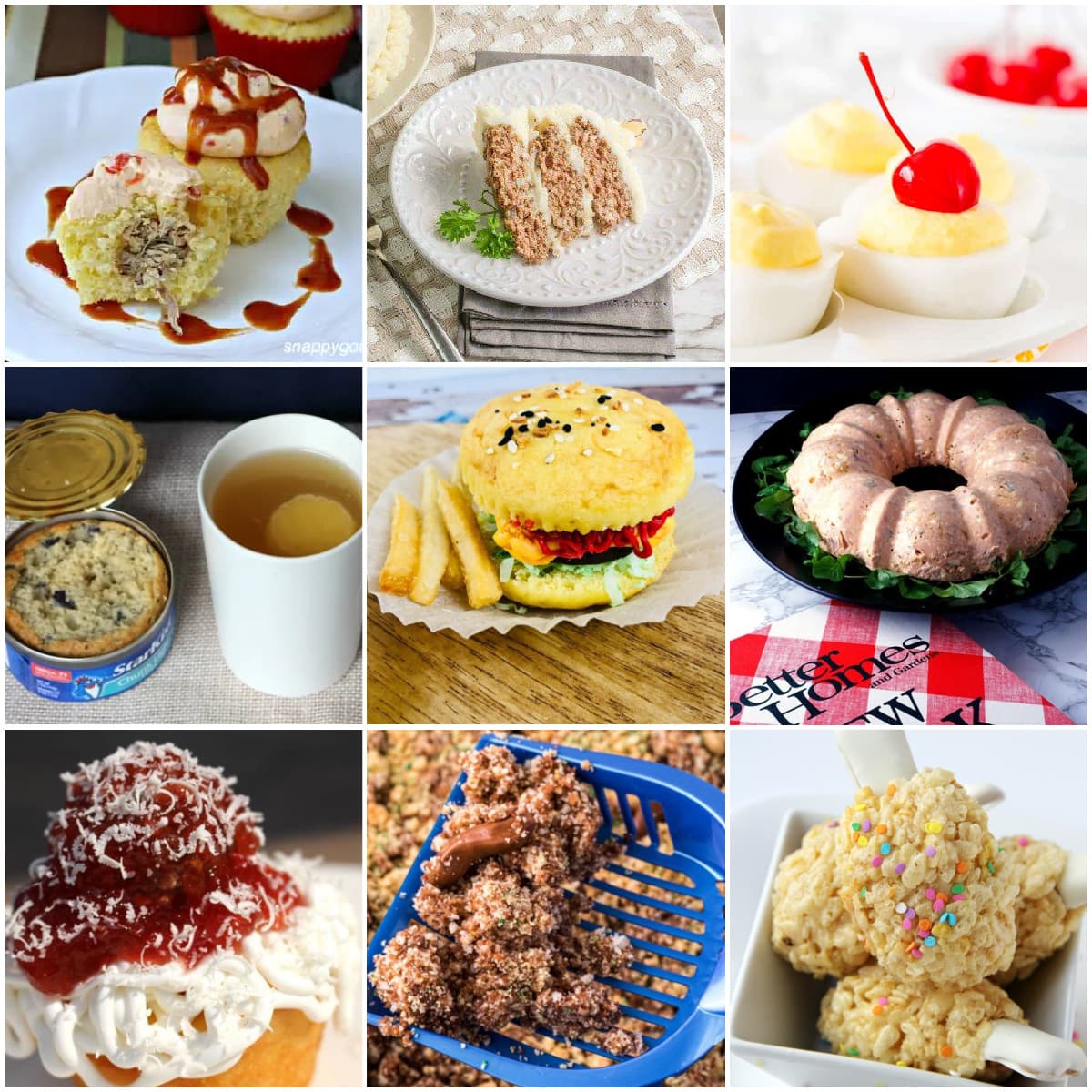 9-panel collage showing images of food and recipes from this April Fool's Day Food Prank roundup. 