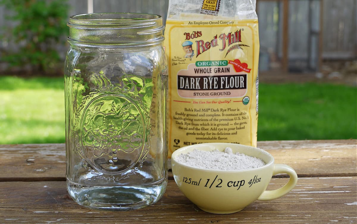 You only need two ingredients to make sourdough starter: rye flour and water. 