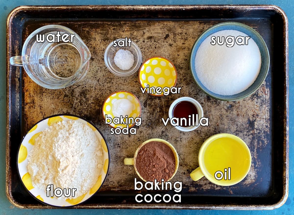 Photo of individual ingredients that go into this Wacky Cake recipe (i.e., egg-free chocolate cake recipe) measured and prepped.