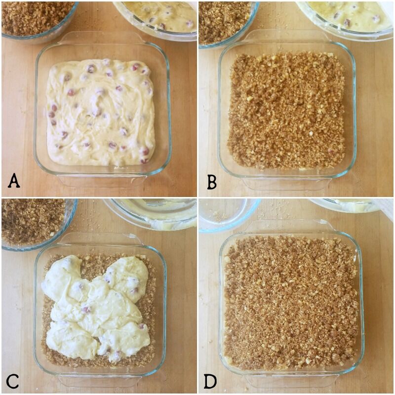 4-panel collage showing how each layer of the coffee cake is added, according to written directions. 