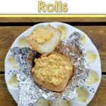 Hard roll filled with hard-boiled egg mixture, with text overlay that reads Egg & Cheese Rolls; easy to make • kid-pleasing • budget-friendly