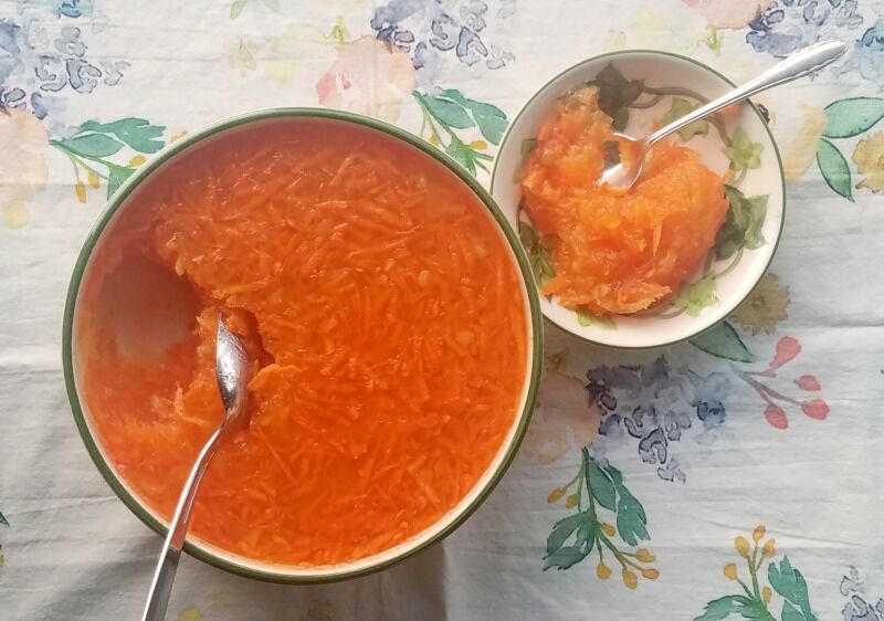 Carrot Pineapple Jello Salad in serving dish. 