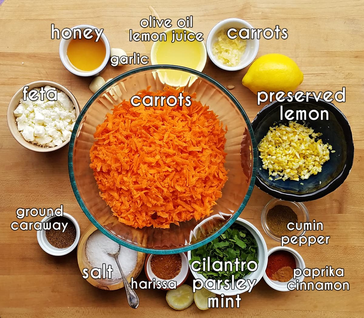 Moroccan carrot salad ingredients, labeled.