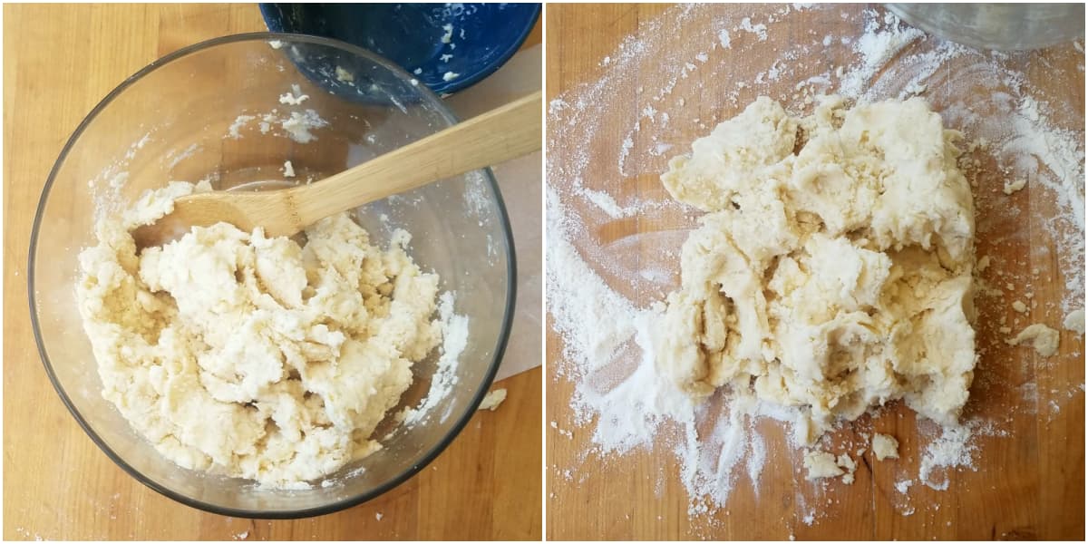 Adding liquid to pie dough mixture.