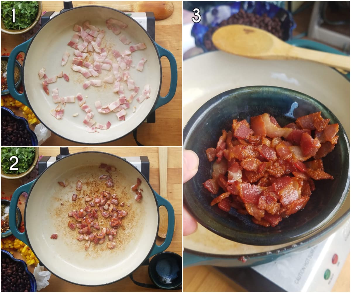 Collage of bacon batons frying in pan.