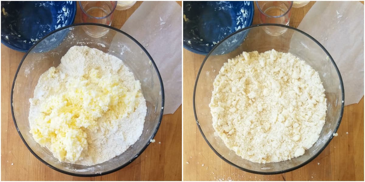 Adding butter to dry pie dough mix.