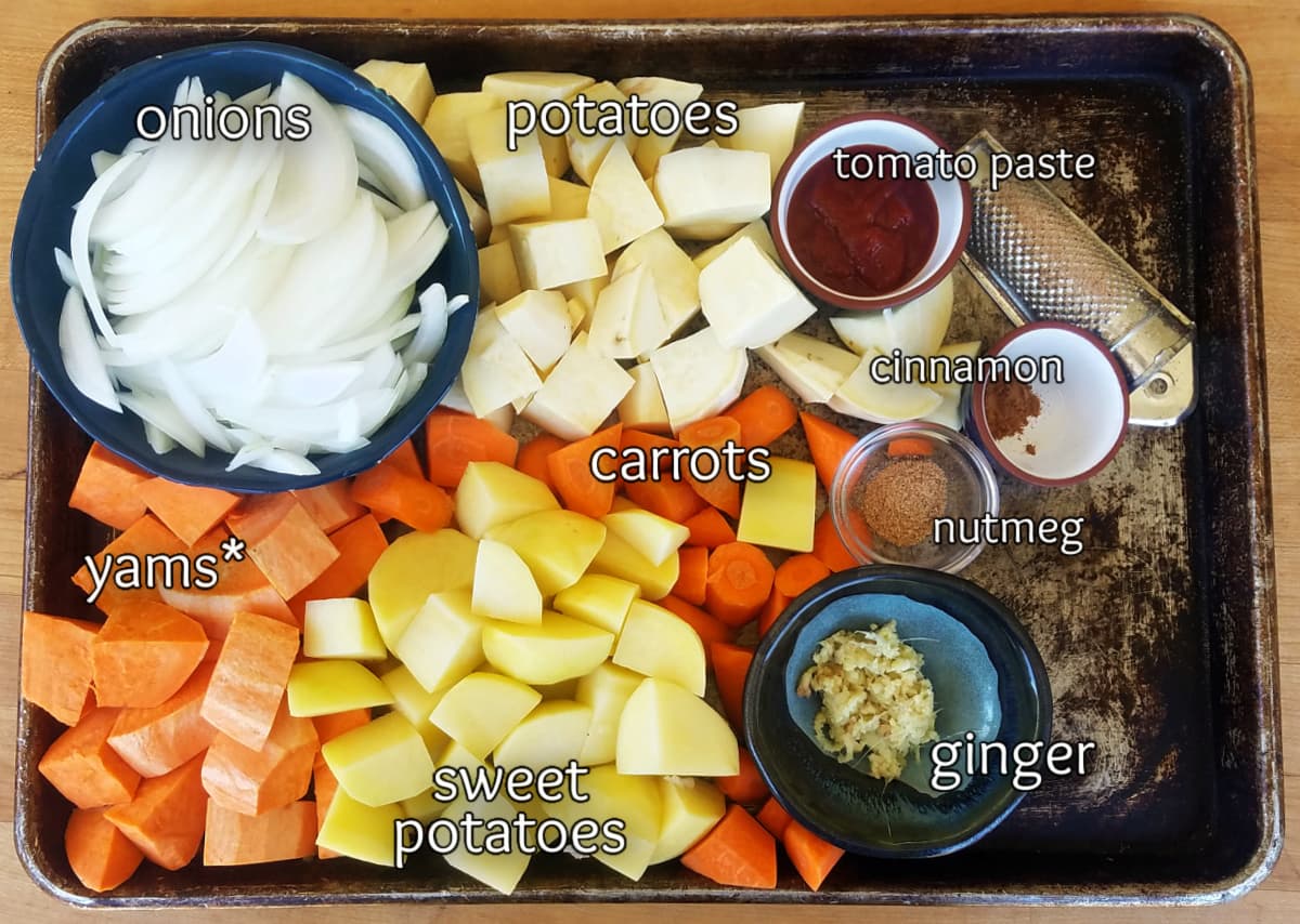 Photo of individual ingredients that go into the Caribbean Chicken stew: root vegetables and seasonings.