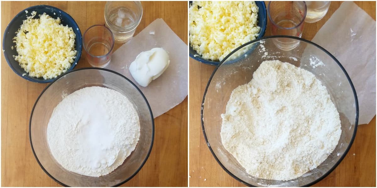 Incorporating shortening into flour mixture.