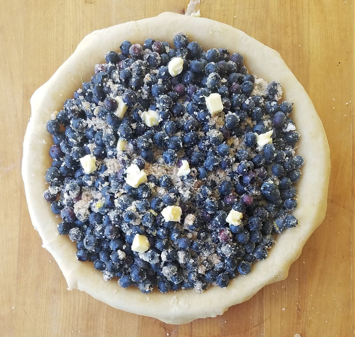 Blueberry pie filling poured into an unbaked pastry crust.
