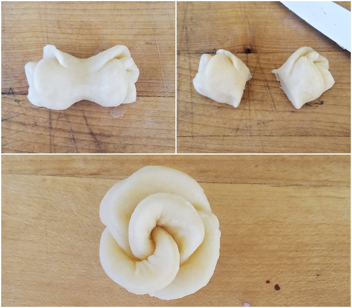 Process for rolling dough roses; barbell, cut in half, leaves fanned.