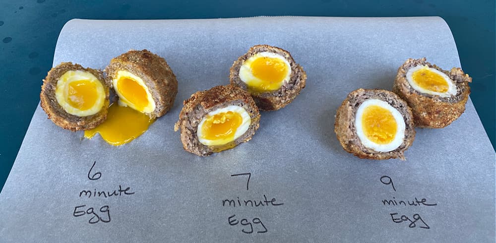 Scotch egg - egg time comparison; 6 minutes, 7 minutes, 9 minutes. 