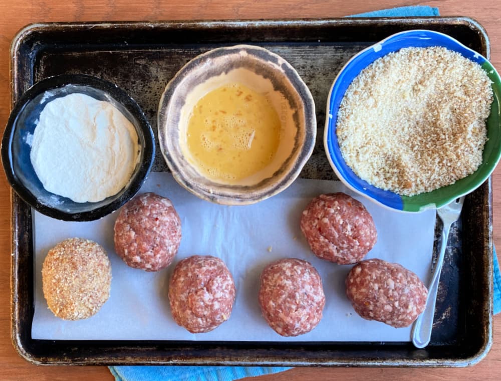 breading station for Scotch Eggs