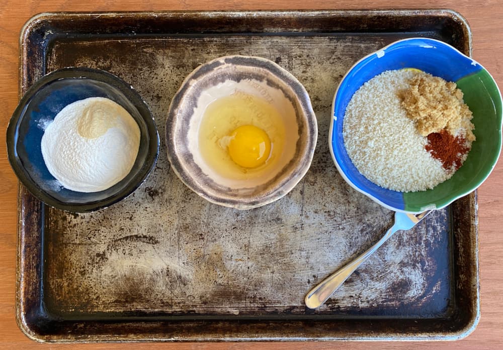 Three bowls for breading scotch eggs