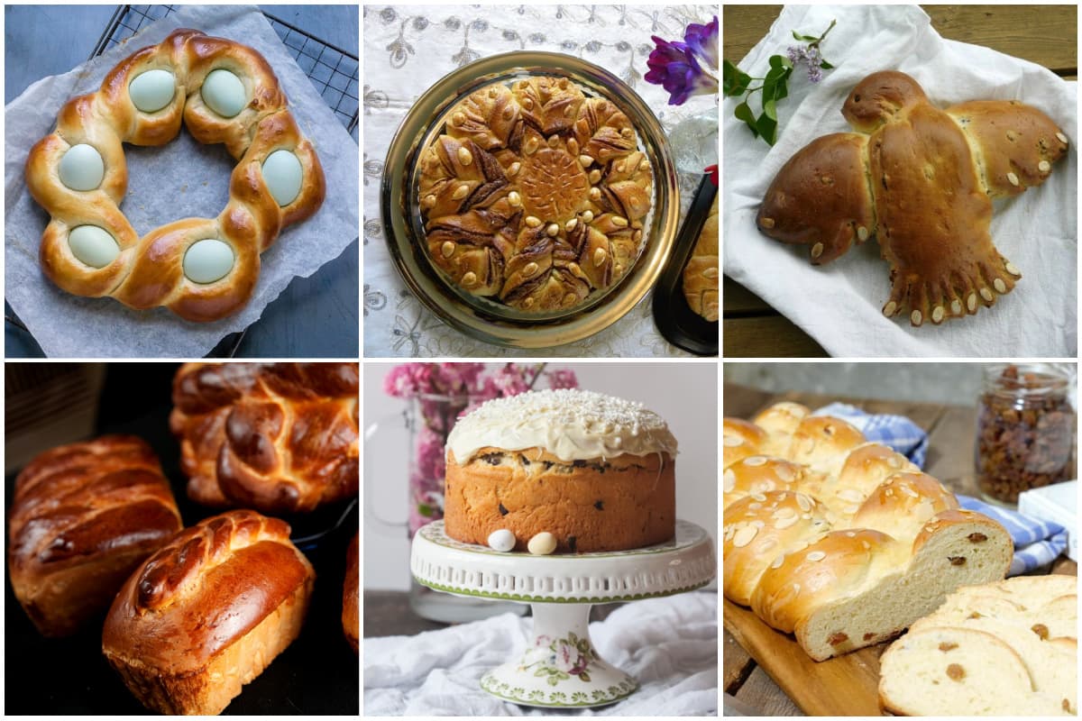 Collage of 6 Easter breads from around the world.