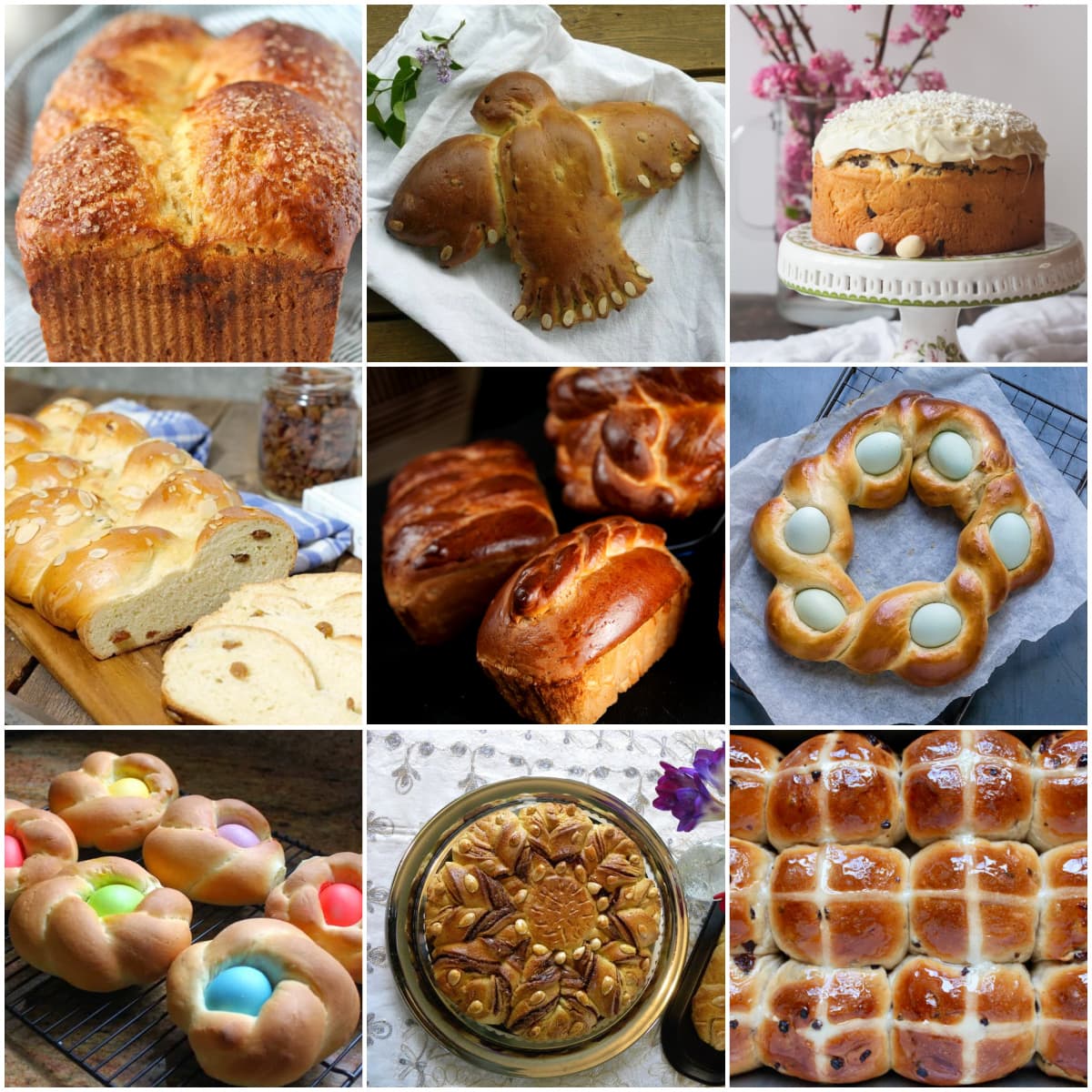 Collage of 9 Easter breads from around the world. 