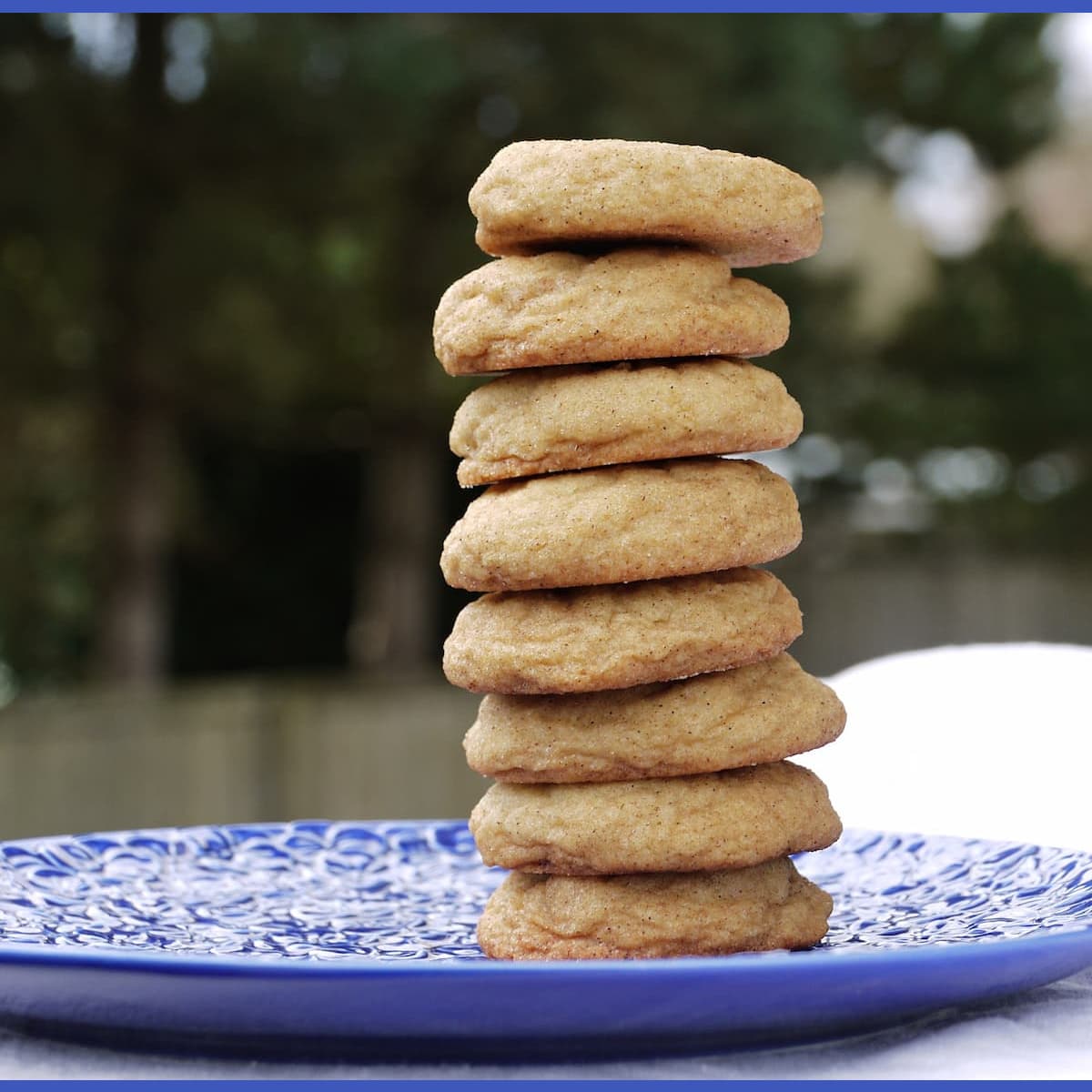 Eight snickerdoodle cookies stacked vertically on a blue plate. 