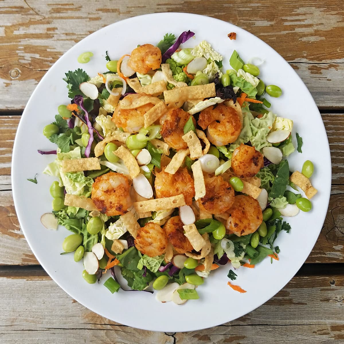 Overhead shot of Thai Shrimp Salad with Spicy Peanut Sauce on white plate. 