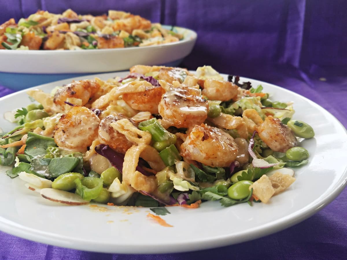 Side view of Thai Shrimp Salad with Spicy Peanut Sauce & Chili-Lime Dressing on white plate.