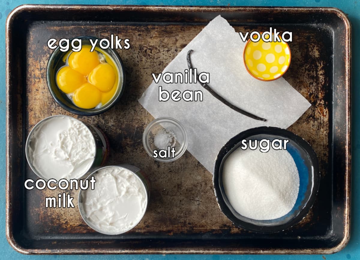 Dairy-free Vanilla ice cream ingredients, labeled: egg yolks, vanilla bean, sugar, coconut milk, salt, and vodka. 