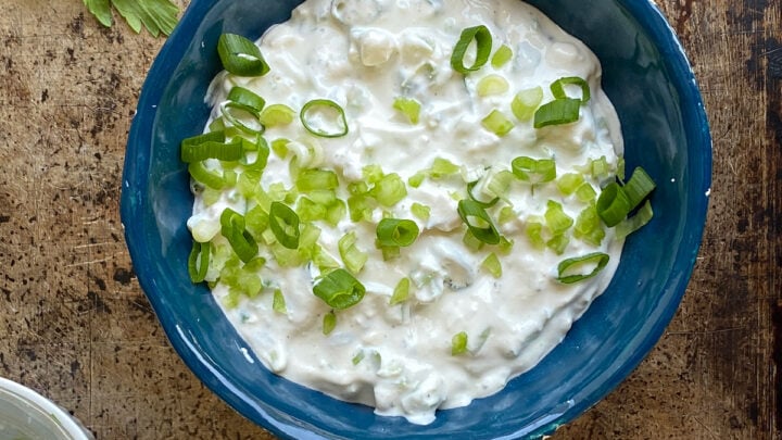 Blue Cheese Dip, mixed and garnished.
