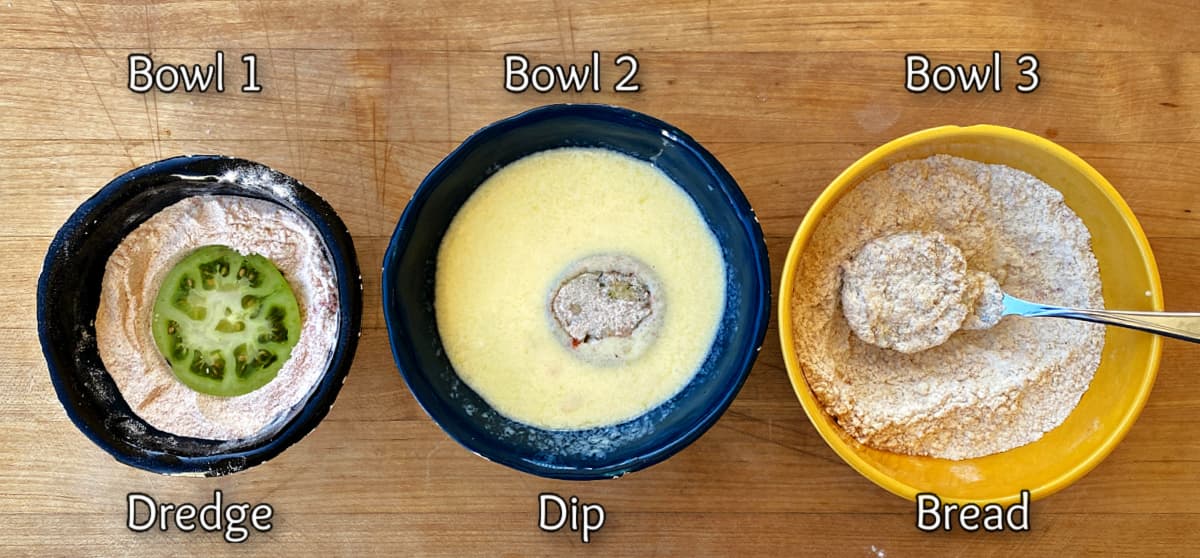 Three bowls with text overlay: Dredge, Dip, Bread. 